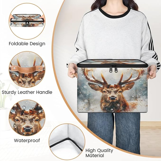 Storage Cubes with Lid Fabric Storage Bins Boxes PU Leather Handles, Elk Moose Wild Animals Closet Organizer Container Foldable Washable Shelf Cloth Basket, Christmas Day