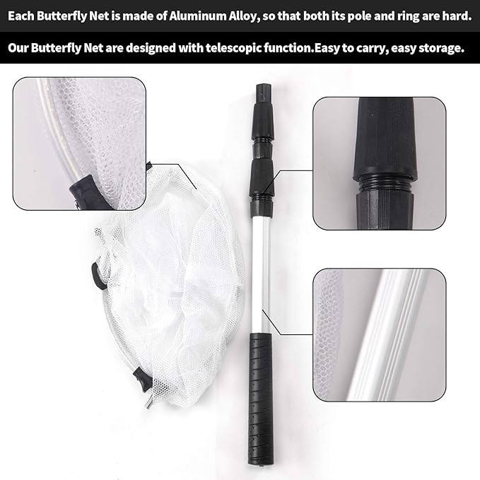 2 Pack Telescopic Butterfly Net, Extendable Fishing, Insect Toy Nets for Kids and Family, Aluminum Alloy (Silver Extends to 36 Inches, Blue Extends to 26 Inches, Pack of 2)