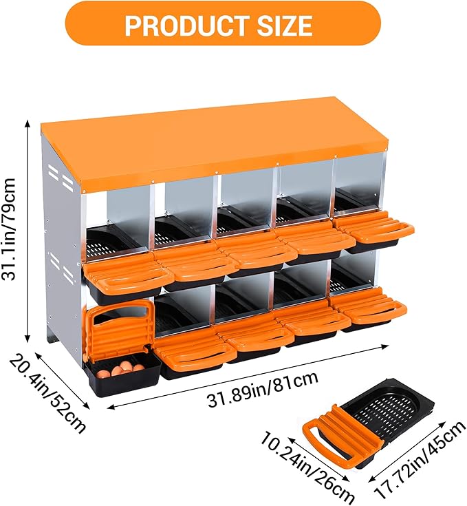 Chicken Nesting Box 10-Hole Roll Away Egg Laying Box with Lid, Galvanized Steel Rustproof Poultry Coop Box, Easy Clean, Wall Mountable No Bracket Needed for Hens, Orange