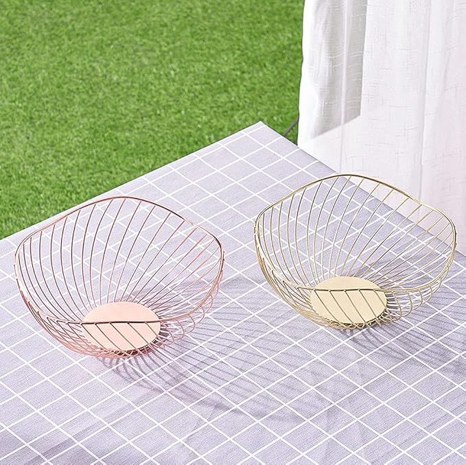 IBWell High Style Curved-Edge Modern Creative Stylish Single Tier Dish,Metal Iron Wire Fruit Vegetables Bread Decorative Stand Serving Bowls Basket Holder (Gold-Twill)