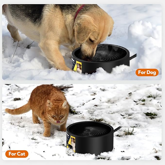 Heated Water Bowl for Dogs & Cats, Waterproof Heated Dog Bowl with Chew Resistant Cord, Large Heated Pet Bowl, Provide Warmable Water for Dogs, Cats, Chicken, Birds in Winter 3.2L（Black）