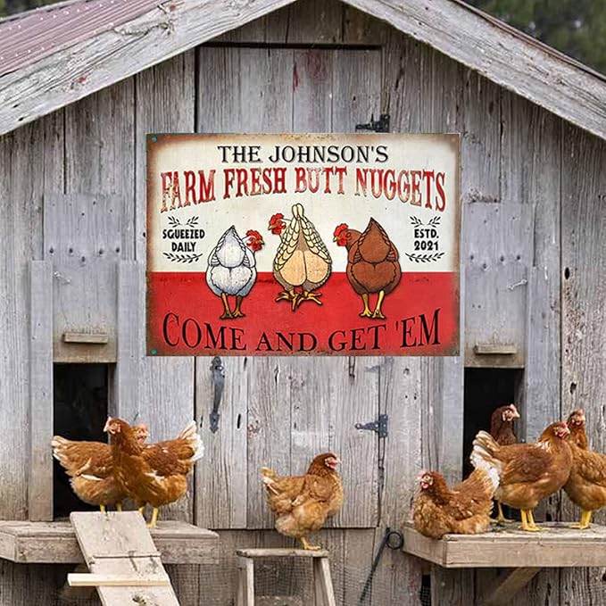 Personalized Fluffy Butt Hut Chicken Coop Sign, Custom Farmhouse Metal Sign with Spoiled Hens Wall Art, Funny Backyard Chicken Decor for Coop, Barn, Farm, Rustic Vintage Style DS3