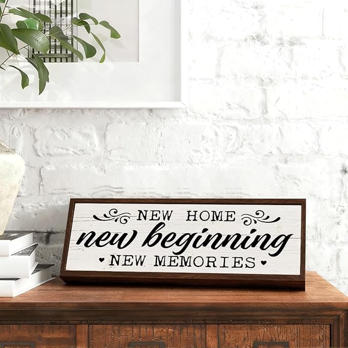 Rustic Home Sign, New Beginning New Memories Sign, Front Door Porch Decors, Decorative Wooden Framed Signs, Shelf Decoration, Wall Decor Art, House Cottage Decors, Housewarming Gift 9.5x3.1x1 inches