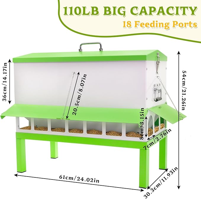 Metal Chicken Feeder 110lb,No Waste Automatic Large Capacity Chicken Feeder with 18 Ports & Locking Lid, Galvanized Poultry Equipment,Weatherproof,Rodent Proof, Rat Proof, Comederos para Gallinas