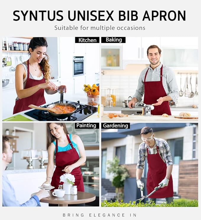 Syntus Adjustable Bib Apron with 2 Pockets Cooking Kitchen Aprons for Women Men Chef