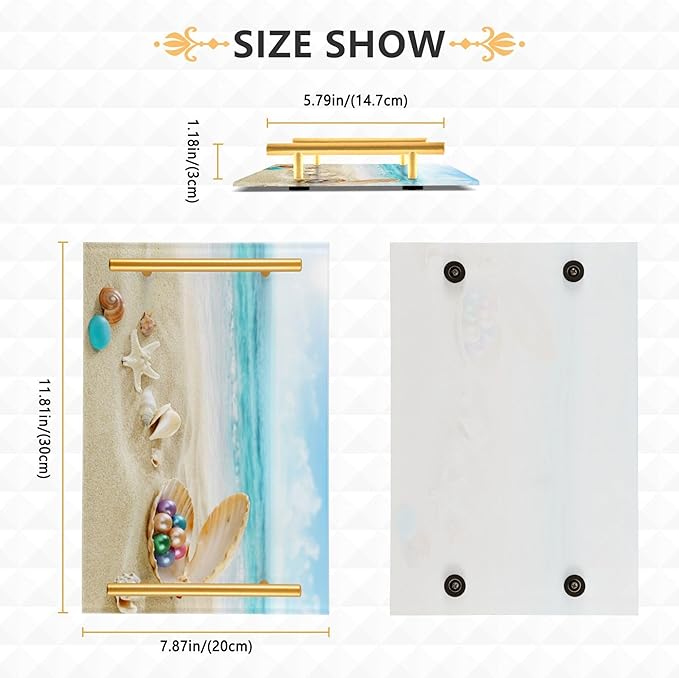 Bathroom Vanity Tray Counter Organizer, Beach Peals Decorative Tray with Handles Countertop Storage for Bathroom Bedroom Kitchen Home Farmhouse