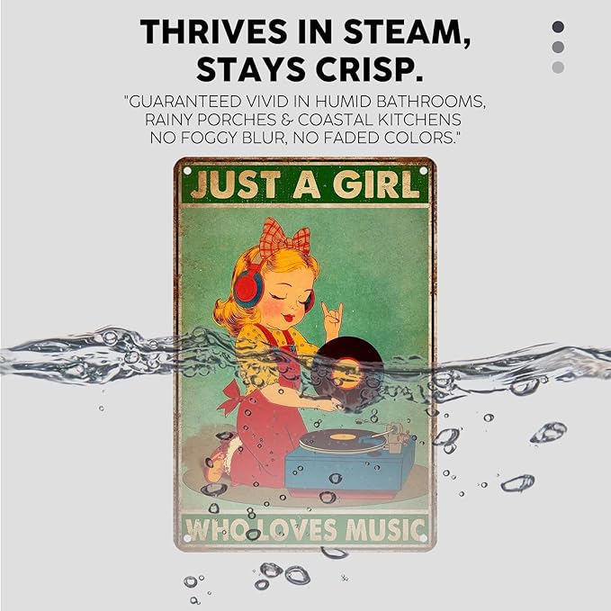 Vintage Music Tin Sign Just A Girl Who Loves Music Retro Girl Metal Poster Nostalgic Wall Decor Wall Art For Home Cafe Bar Living Room Bedroom Pub Club 12 * 8In