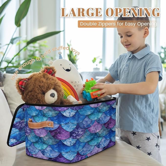 Mermaid Scale Fish Scale Ocean Storage Bins With Lids Fabric Collapsible Storage Box with Leather Handles for Home Bedroom Foldable Closet Shelf Organizer