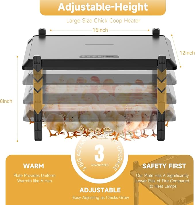 Chicken Coop Heater, 12 * 16inch Large Brooder Heater Plate for Chicks, Adjustable Height Brooder Warmer for 30-40 Baby Chicks, 5 Level Temp Adjustable Heating Plate, 75 Watt, Energy-Efficient & Safe