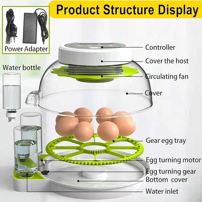 18/60 Egg Incubator with Humidity Display, Incubators for Hatching Eggs, Egg Candler, Automatic Egg Turner, Poultry Egg Incubator for Hatching Chicken Duck Goose Bird Quails- Green 2 Egg Trays