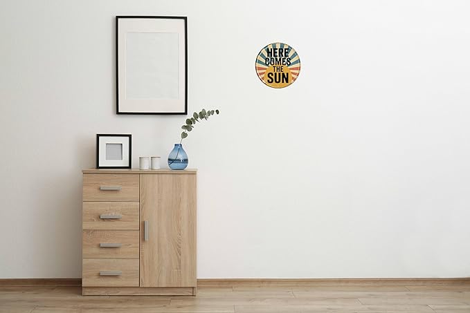 Here Comes The Sun Metal Sign 8x8in Round Inspirational Plaque for Bedroom Wall Decor Positive Vibes Gift