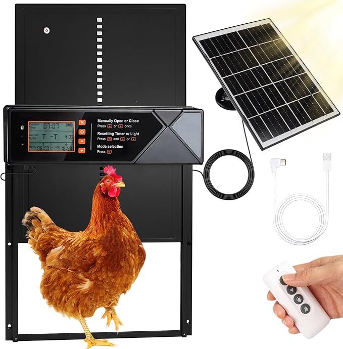 Automatic Chicken Coop Door Solar Powered, 4 Modes Automatic Chicken Door with Timer & Light Sensor, 7W Solar Charging Panel, Waterproof Aluminum Alloy Chicken Door with LED Screen (Black)