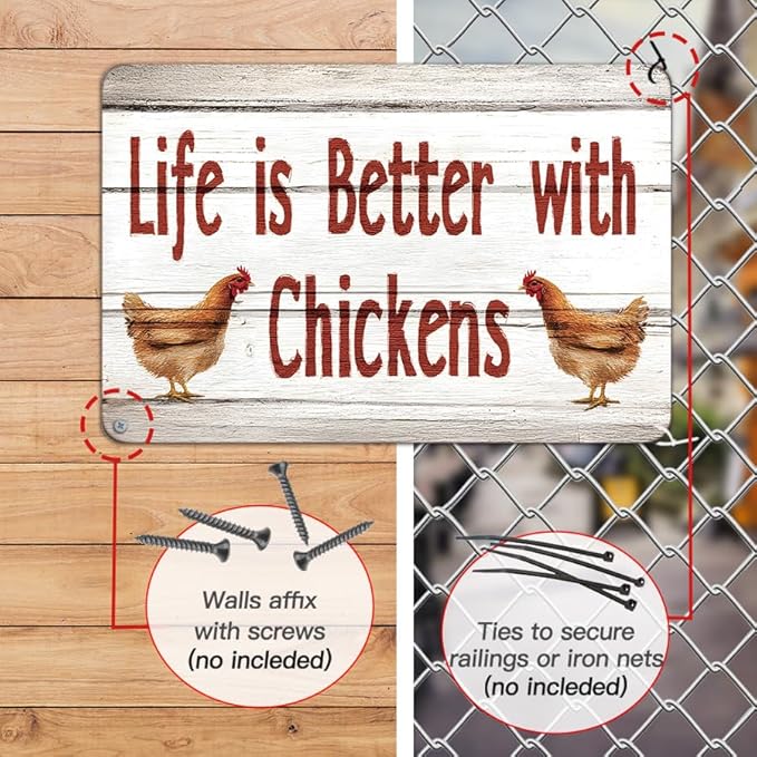 Vintage Metal Tin Sign Life is Better with Chickens Retro Wall Art Plaque Farm Chickens Door Accessories Hanging Decor for Bedroom Kitchen Garden Club Pub Coffee Decor, 8x12 Inches