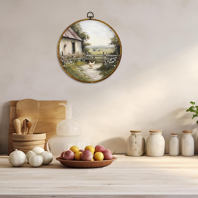 CUANFDDSF Vintage Countryside Farmhouse Chickens Round Wall Art, Rustic Cottagecore Kitchen Framed Hanging Wall Decor, Country Animal Scene Canvas Prints Decorations for Farm House Room, 10x10 Inch