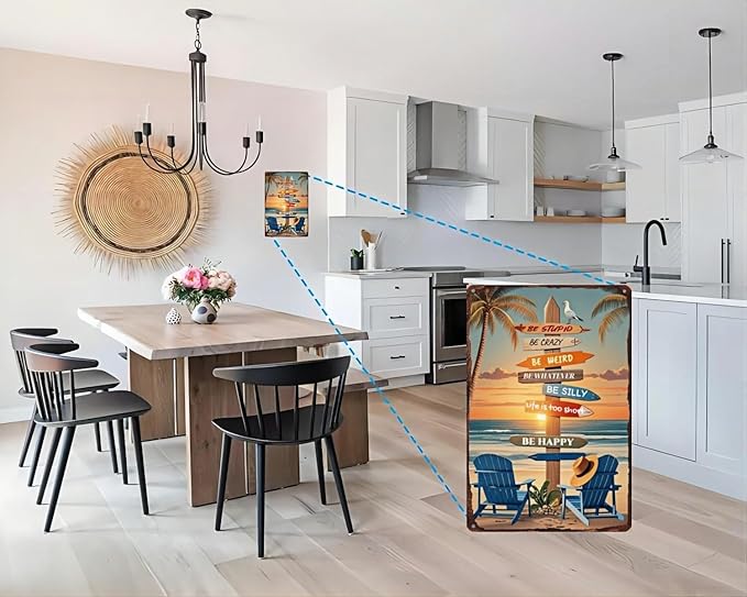 Tropical Beach Metal Sign – 8x12 Inch Retro Wall Decor with Surfboards and Palm Trees – Vintage Tin Sign for Patio, Porch, Bar, or Coastal Bathroom