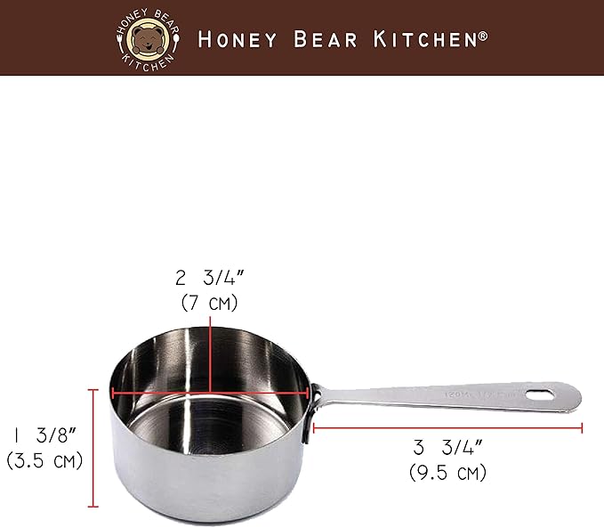 Honey Bear Kitchen 1/2 Cup 120 ml Measuring Scoop Cups, Polished Stainless Steel (Set of 2)