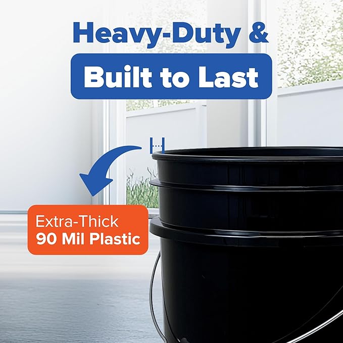 5 Gallon Bucket Only | Made in USA | Food Grade | Durable 90 Mil All Purpose Pail | BPA Free | Premium HPDE | Easy Stack and Store | Lids Not Included (Black, 6)