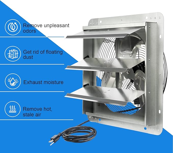 KEN BROWN 14 Inch Shutter Exhaust Fan, Gable Vent Fan, Wall Mount Ventilation, High Speed 1950 CFM, Automatic Aluminum Blades, for Garages, Shop, Greenhouse, Attic, with Power Cord
