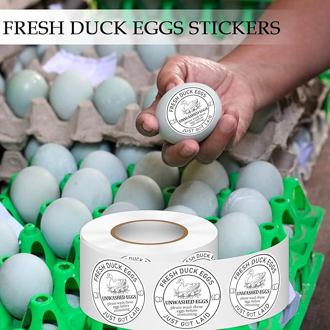 Louise Maelys 2Inch 500 Pcs Farm Fresh Duck Egg Stickers Unwashed Duck Egg Carton Labels - Market Egg Handling Sticker for Poultry Farms, Farmers Markets & Organic Produce