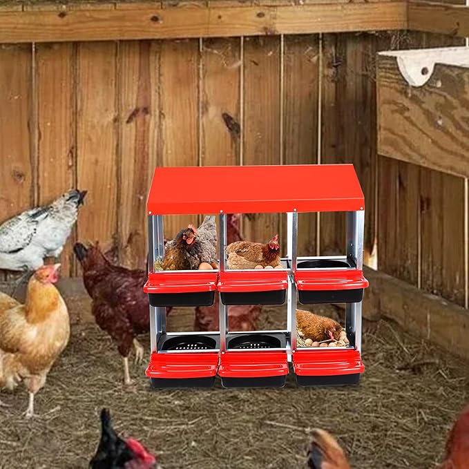 GarveeHome 2-Tier Chicken Nesting Box, 6 Compartment Metal Chicken Laying Boxes with Waterproof Roof ＆ Removable Trays for Hens, Poultry，Easy Egg Collection