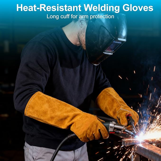 Welding Gloves 23.6" Heat-Resistant Leather, Long Gauntlet Forearm Protection for TIG/MIG, Also for Animal Handling