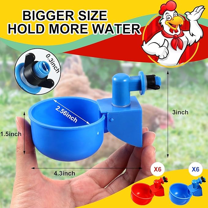 Tanlade 12 Packs Chicken Waterer Chicken Feeder, Automatic Waterer Kit for Poultry Duck Goose Turkey Bunny (Red,Blue)