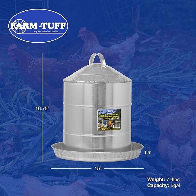 FARM-TUFF Galvanized Poultry Waterer, 5 Gallon Capacity - Double-Wall Poultry Fountain with Cone Top - Automatic Gravity-Fed Water Dispenser for Chickens, Ducks & Game Birds