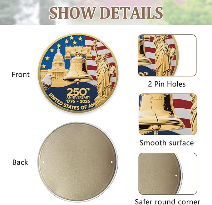 2026 United States 250th Anniversary Round Metal Sign, Home Decor Metal Wall Signs 250th Anniversary USA, 250 Patriotic American Flag Decorative Signs, Gift for US Citizens, Hanging Wall Decor