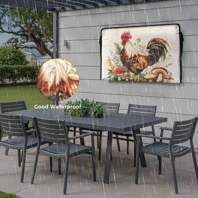 Waterproof Outdoor TV Cover 52 to 55 Inch, Retro Watercolor Farm Chicken Outside Flat Screen Televisions Weatherproof Cover Size 52"L x 30"H, Mushroom on Linen TV Protector With Zipper