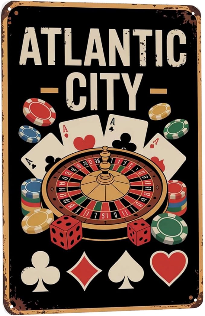 Novelty saying wall decor featuring Atlantic City Metal Tin Sign Game Room Bar Decor Perfect For Hanging In Casino Basement Rustic Vintage Finish Gift For 8x12 inch metal sign for living room wall