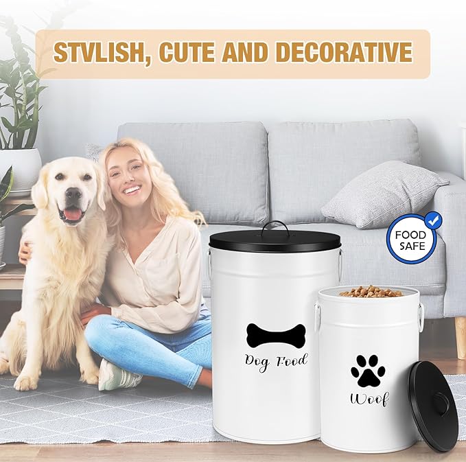 Extra Large 30+14 lbs Metal Dog Food Storage Containers Set of 2 Airtight Dog Treat Snack Jars with Lids and Spoon Farm House Style Big Pet Cookie Storage Bin for Kitchen Counter Gift
