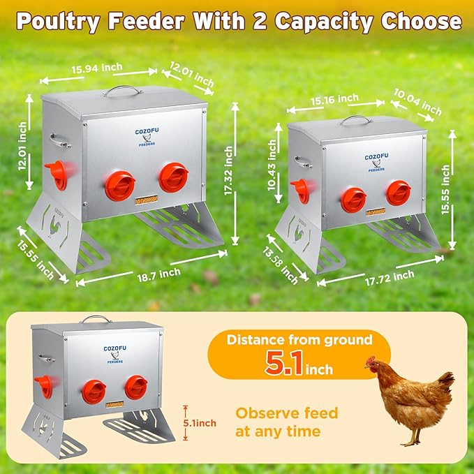 25 Pounds Automatic Chicken Feeder 6 Ports Large Gravity Fed Chicken Feeder with Transparent Window & Handle for Chickens Bantams Pheasants Poultry Coop Weatherproof