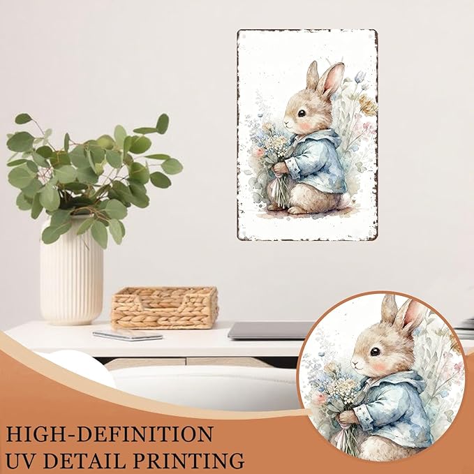 Easter Bunny Metal Tin Sign Wall Art Vintage Rustic for Home Living Room Garden Yard Outdoor Wall 8X12Inch