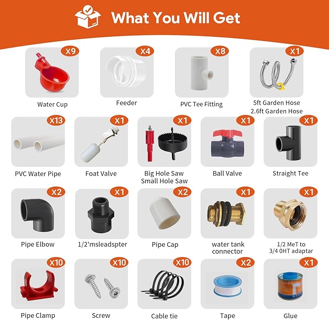 28 Accessories Complete Set Pipeline Automatic DIY Chicken Waterer Feeder System,with Chicken Water Cups, Poultry Feeder,Ports Hole Saw,PVC Pipeline,Float Valve and Garden Hose,Glue,Tape.