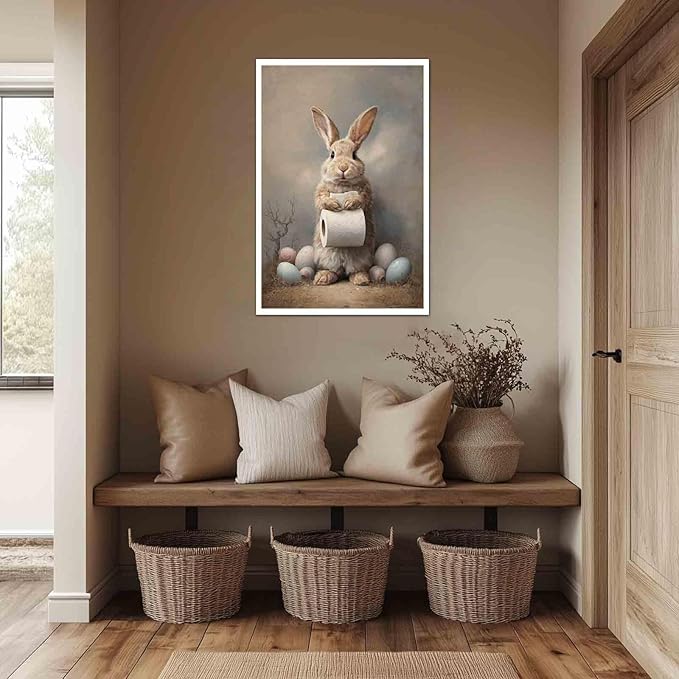 MNFGMH Easter Canvas Wall Art Bunny Bathroom Picture Wall Decoration Modern Spring Rabbit Poster Home Painting Gift Canvas Roll 20x30 inch