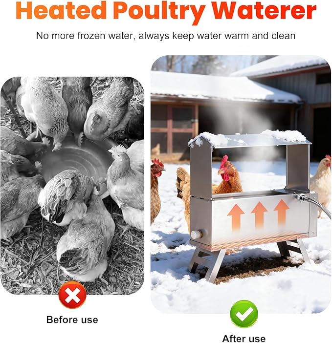 Heated Waterer for Chickens 2 Gallon Heated Chicken Waterer for Winter Chicken Water Heater with Adjustable Leg Anti-Freeze Poultry Duck Drinker Water Dispenser Heater Chicken Coop Accessories