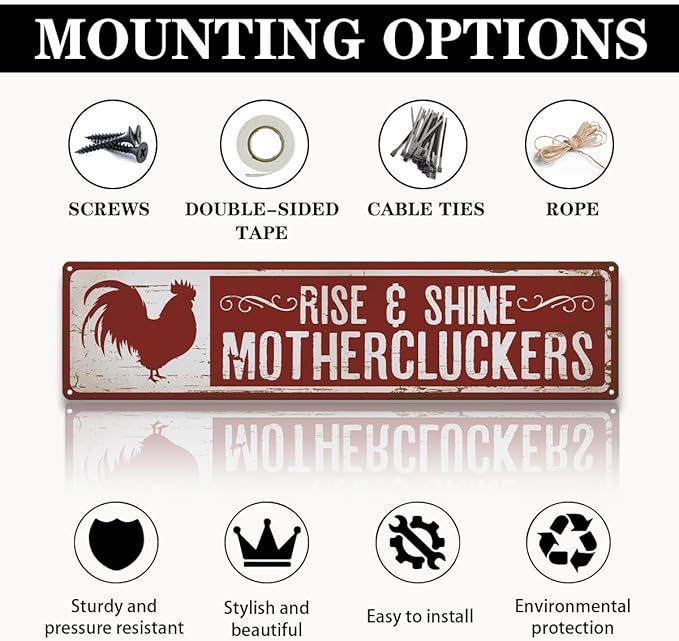 Rooster Decor, Rise & Shine Mothercluckers Sign 15.8x4 inches, Funny Chicken Sign, Retro Metal Tin Signs, Farmhouse Home Garden Decor, Chicken Lover Decoration Gift