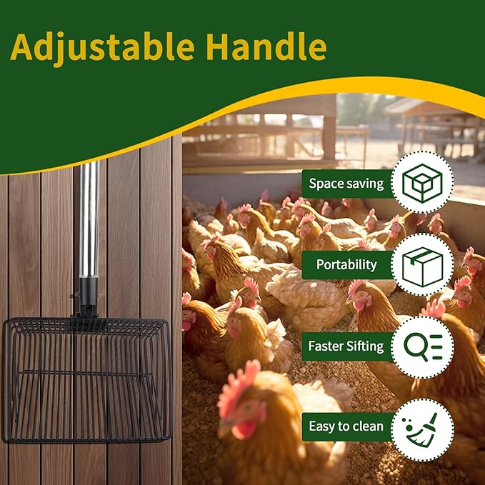 Owfeel Chicken Poop Scooper, 3-in-1 Detachable Chicken Coop Cleaning Tools (20 to 40.6 inches), Stainless Steel Sifting Shovel Litter Scooper Accessories
