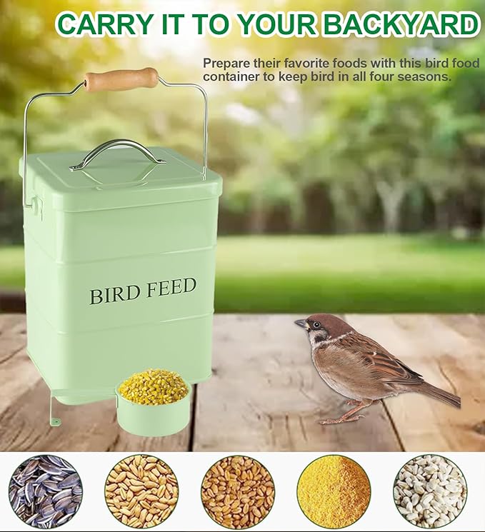 Bird Seed Storage Container Airtight,5~6LB Metal Bird Food Container with Scoop,Wild Bird Seed Tin for Storing Sunflower Seed-Ideal for Outdoor or Indoor-Squirrel proof -Green