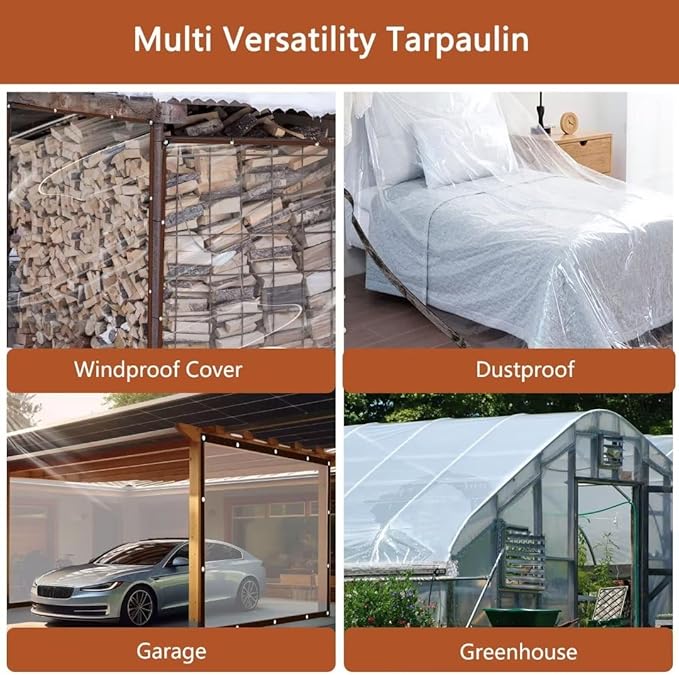 Clear-Tarps-With-Grommets-8X10FT, PE Tarps Transparent Tear Resistant Waterproof Greenhouse Tarp for Balcony Tent Cover Gardening Chicken Coop Canvas Painters Drop Cloth-8x10FT