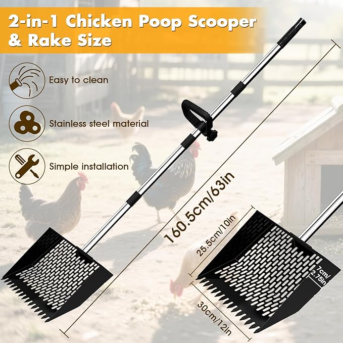 2-in-1 Chicken Poop Scooper & Rake, 12" Wide 63" Long Large Metal Chicken Coop Scooper for Sand with Ergonomic Grip, Heavy Duty Sifting Shovel Rake for Beach, Farm, Garden & Yard Waste (Black)