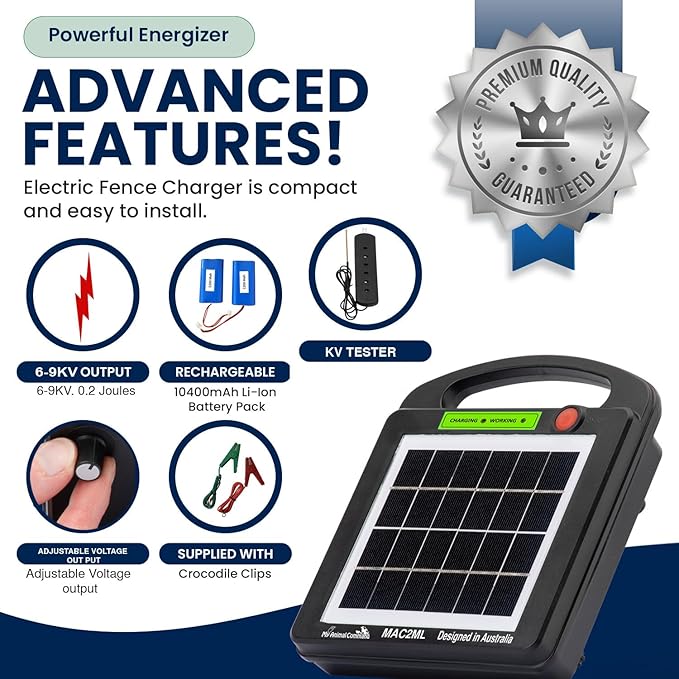 Solar Powered Electric Fence Charger 0.2 Joules Adjustable Voltage (6-9KV) with Lithium Battery Energizer Containment & Protection of Livestock Horses Cattle Sheep Pets Easy Install