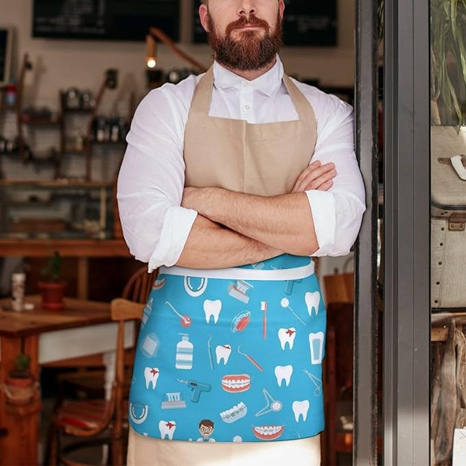 Unisex Chef Waiter Apron Waist Half Short Serving Aprons with 3 Pockets