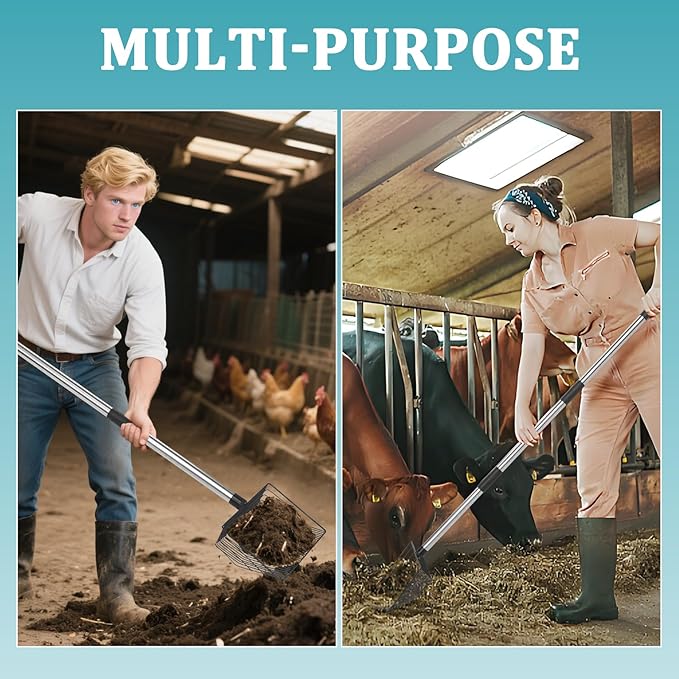 10-inch Heavy-Duty Metal Chicken Dung Scoop, 32 to 76" Long Chicken Coop Mucking Shovel with Stainless Steel Handle, 5-in-1 All-in-One Multifunctional Litter Sifting Tool for Chicken Coop Essentials