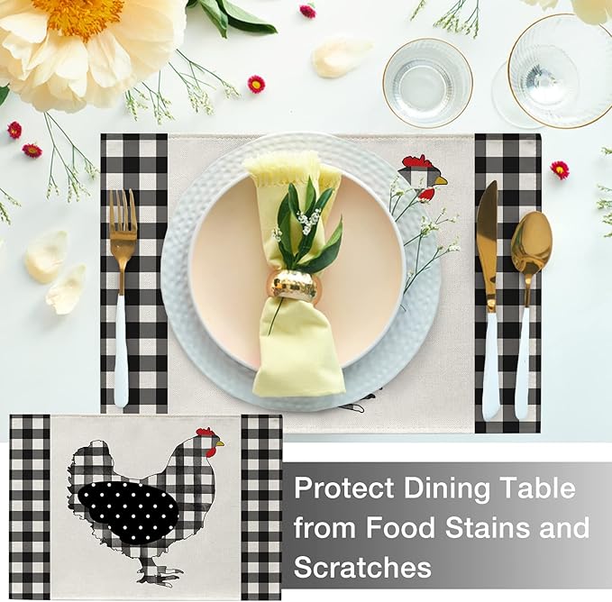 Seliem Farm Chicken Hen Animal Placemats Set of 4, Black White Buffalo Check Plaid Farmhouse Chick Dining Table Place Mats, Spring Summer Country Rustic Kitchen Decor Home Decoration 12 x 18 Inch