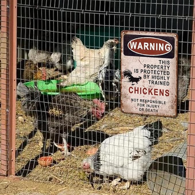 YOYI ART Metal Warning Chicken Signs for Coop Funny Outdoor - Vintage Tin Sign for Chicken Coop, Outdoor, Kitchen, Farmhouse Wall Decor Art Accessories, Chicken Gifts for Women, 8 x 12 inch