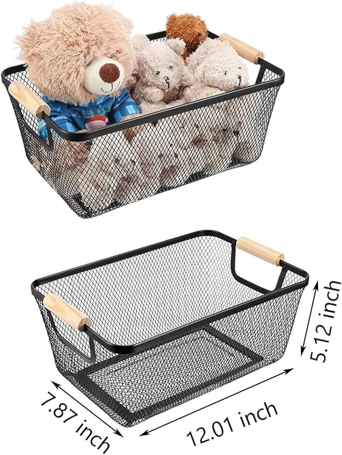 Metal Mesh Steel Basket, Medium Wire Storage Organizer Basket Multi-function Hanging Kitchen Basket with Wood Handle for Kitchen Bathroom Picnic Home, Rectangle-Black