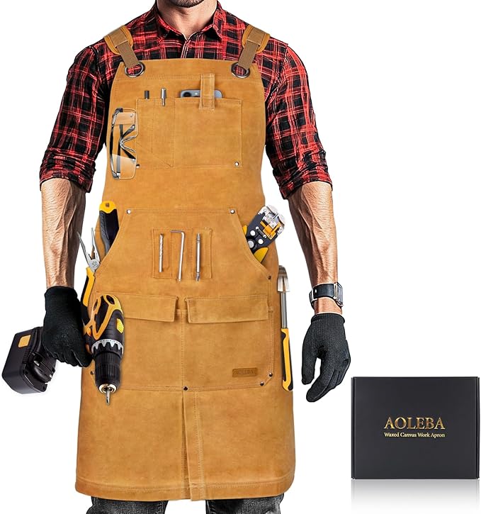 AOLEBA Woodworking Apron for Men,Heavy Duty Waxed Canvas Work Tool Apron with 12 Tool Pockets for Workshop, Mechanic, Carpenter, Blacksmith, Mens Aprons Gifts for Dad Father Men (Khaki)
