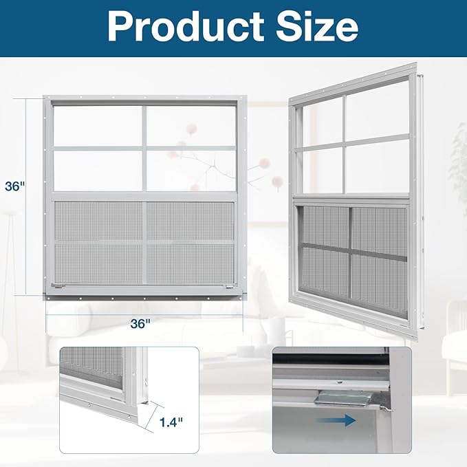 Yuzzy Shed Windows 2 Pack, Chicken Coop Windows 36" x 36" with Tempered Glass and Fiberglass Screen, Flush Mounted Small Window for Shed, Barns, Playhouse, Household, Garage (White)