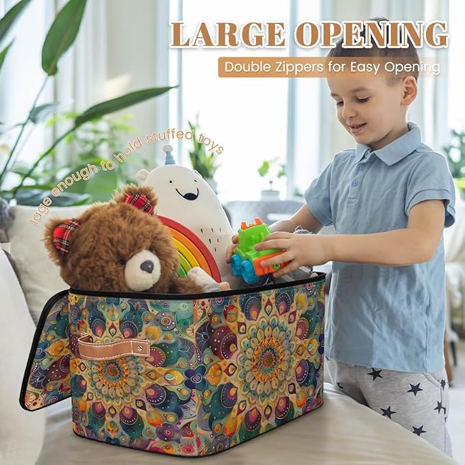 Boho Storage Bins with Zipper Lid Fabric Storage Containers for Clothes Collapsible Closet Storage Basket with Metal Frame 1 Pack